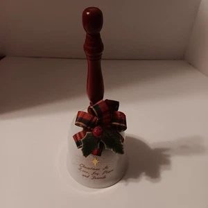 Vintage Porcelain Christmas Bell, Red Wooden Handle, 7" tall, Red and Green Bow - Picture 1 of 13