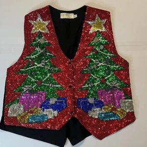 Savvy Damen XL Weihnachtsweste Handarbeit Pailletten Perlen bunt festlich - Bild 1 von 10