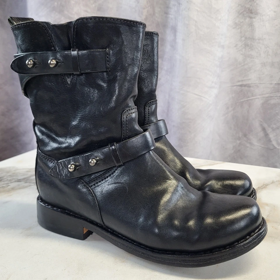 Botas ribeteadas Rag & Bone media pantorrilla moto motociclista hechas a mano negras para mujer 36/6 Foto 1 de 4