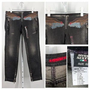 Miss Sixty Jeans Y2K Black Ultra Low Waist Wing Embroidered Stretch Sz 32 Italy - Picture 1 of 6