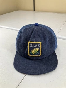 Vintage Bass Fishing Hat Cap Snap Back Blue Denim Trucker Mesh Patch Mens 80s - Picture 1 of 17