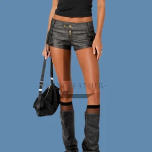 Women's Gray Leather Short Genuine Lambskin Leather Short Slim Fit Short - Picture 1 of 6