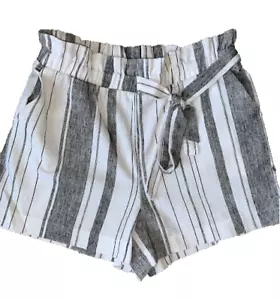 HAVE L.A. LINEN STRIPED SHORTS S JUNIOR WOMEN BLACK WHITE TIE PAPER BAG WAIST - Picture 1 of 7