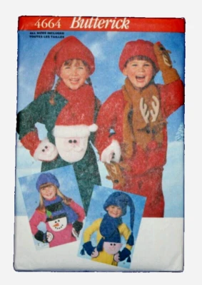Butterick 4664 Child Hat, Scarf, Mitten - Santa, Reindeer, Snowman, Elf UNCUT FF - Image 1 of 2