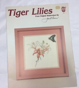Vintage 80s Tiger Lilies Cross Stitch Pattern Green Apple Inc Janet Powers - Picture 1 of 7