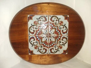 VTG MCM Oval Hand Finished Inlayed Tile Solid American Black Hardwood Wall Art - Picture 1 of 4