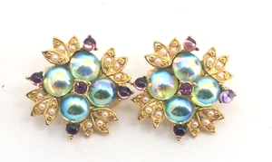 Joan Rivers Iridescent Cabochons w/Purple & Seed Pearl Accents Clip-On Earrings - Picture 1 of 4