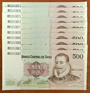 CHILE 500 PESOS P-153 2000 x 10 Pcs Lot SANTIAGO FLAG MILLENNIUM UNC Bundle NOTE - Picture 1 of 4