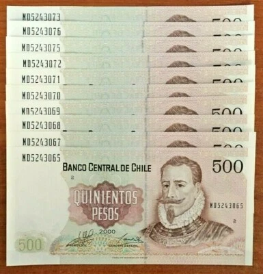 CHILE 500 PESOS P-153 2000 x 10 Pcs Lot SANTIAGO FLAG MILLENNIUM UNC Bundle NOTE - Image 1 of 4