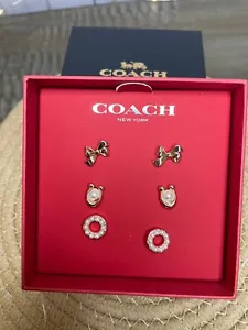 Coach Set Of 3 Pair Earrings CF984 Rose Gold Bow Logo & Circle Titanium Post - Picture 1 of 7