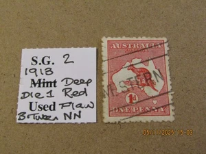 AUSTRALIA SG 2 KANGAROO DIE 1 1d DEEP RED USED FLAW BETWEEN NN IN PENNY RED SPOT - Picture 1 of 1