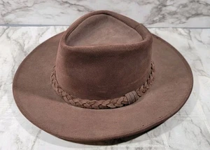 Vintage Henschel Hatquarters Brown Suede Leather Braided Band Cowboy Hat Small - Picture 1 of 5
