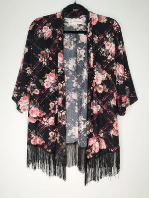 Cárdigan Kimono Abierto French Laundry Talla S Negro Floral Tejido Elástico Borde Flecos Foto 1 de 4