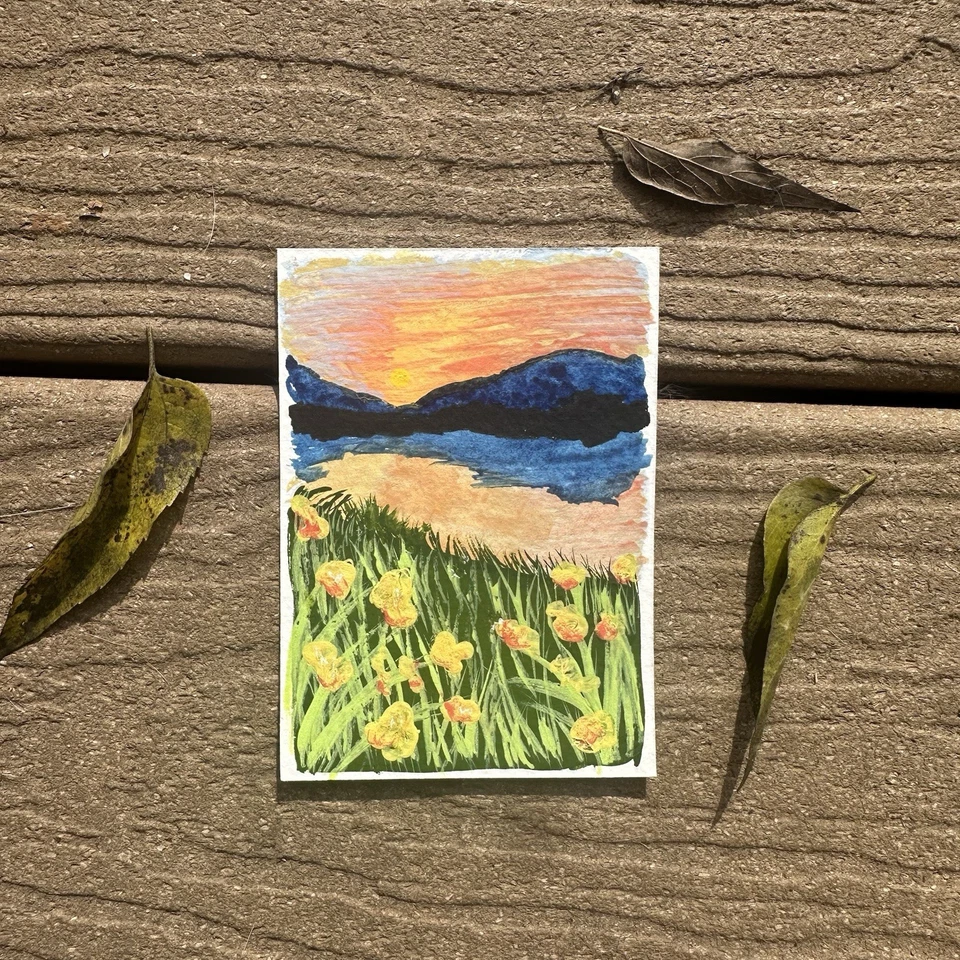 Tarjeta de arte pintura lago puesta de sol paisaje gouache original ACEO Foto 1 de 1