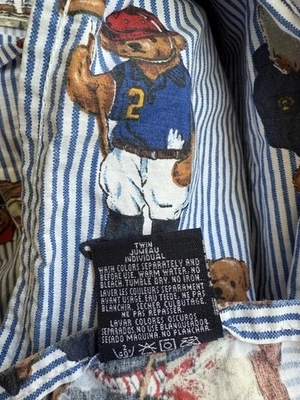 Ralph Lauren плюшевый медведь синий белый в полоску Twin плоский простыня хлопок винтажный сделано в США - Изображение 1 из 4