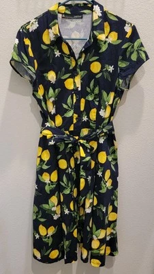 Vestido sem mangas Chetta B limões e folhas amarelo marinho e verde fit & flare 12 - Imagem 1 de 4