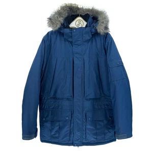L.L. Bean Down Parka Jacket Men XL Blue Faux Fur Hood Goose Coat Winter Storage - Picture 1 of 17