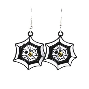 Halloween Earrings - Spider On Web Black and White -  Party Costume Jewelry - 1" - Picture 1 of 4