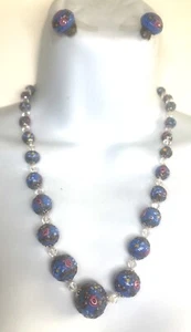 Vtg Murano Venetian Light Blue Wedding Cake Glass Bead Necklace Clip Earring Set - Picture 1 of 6