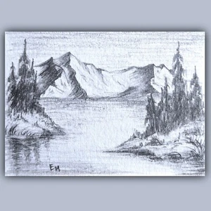 ACEO Original Pencil Painting Mountains River landscape Graphic 2.5х3.5 - Picture 1 of 6