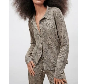 ZARA Jacquard Brown Black Button Down Shirt Wide Pants Size S - Picture 1 of 7