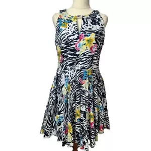 Caroline Morgan Dress Womens Size 14 Black Floral Stretch Short Fit Flare Pocket - Picture 1 of 10
