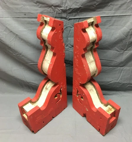 Antique Pair Wood Corbel Roof Brackets Shabby Red & White VTG Chic Old 848-22B Cover