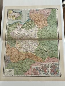 Antique Coloured Harmsworth Map Poland Europe Warsaw Cracow Danzig