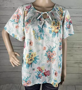 Unikat Grandmacore True Vintage Bluse XL Elfenbein Polyester Satin Pastell Blumen - Bild 1 von 12
