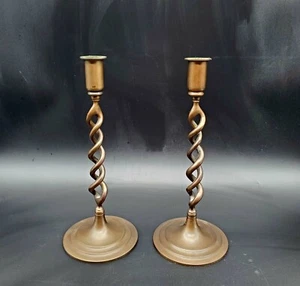 Pair Of Bronze Open Barley Twist Candlesticks 11" - Picture 1 of 5