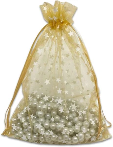 100-Pack 6X8 Sheer Organza Drawstring Gift Bags (Large) - Metallic Stars (Gold/W - Picture 1 of 5