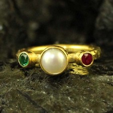 Handmade Hammered Designer Pearl Ring W Emerald & Ruby Gold Over Sterling Silver