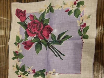 Vintage Square Handkerchief MCM Roses Periwinkle Yellow Edges 12" Square Wedding - Image 1 of 4