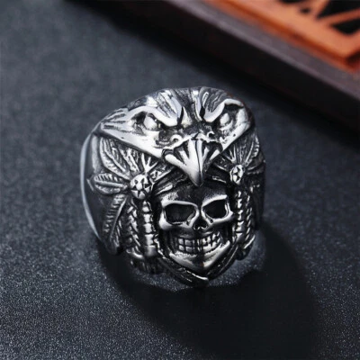 Vintage Indian Eagle Skull Ring Men's Stainless Steel Tribal Skull Jewelry Ring - Image 1 of 3