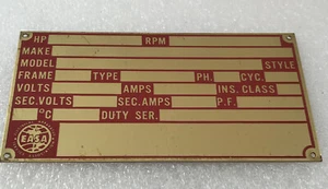 (1) Vintage EASA Brass MOTOR - Generator Nomenclature/Serial # Plate, Orig. NOS - Picture 1 of 5