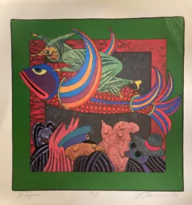 Stampa arte danese vintage firmata 1990 scena di pesce astratto edizione limitata I/O - Foto 1 di 16