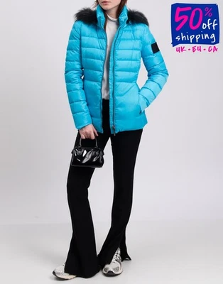 RRP €310 BYBLOS Down Puffer Jacket IT38 US2 UK6 XS Removable Raccoon Fur Trim - Image 1 of 4