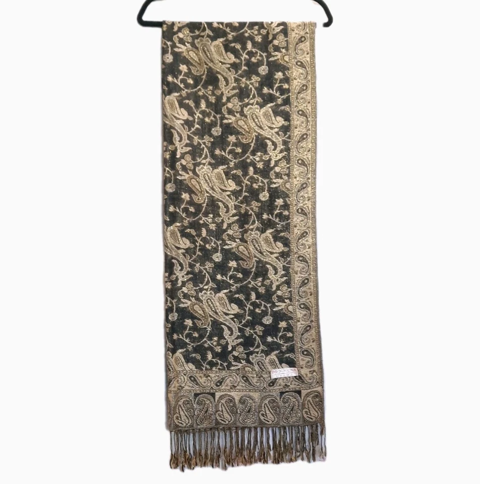 De colección 55% Pashmina Cachemira 45% Seda Chal Envolvente Bufanda Negro Dorado Cachemira 80" Foto 1 de 4