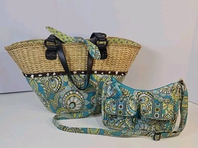 Vera Bradley Peacock Paisley XL Straw Tote With Crossbody Purse  2pc Lot  - Image 1 of 4