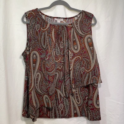 Dress Barn A Symmetrical Sleeveless Blouse Women’s 2X Paisley Red Orange Tan - Image 1 of 4
