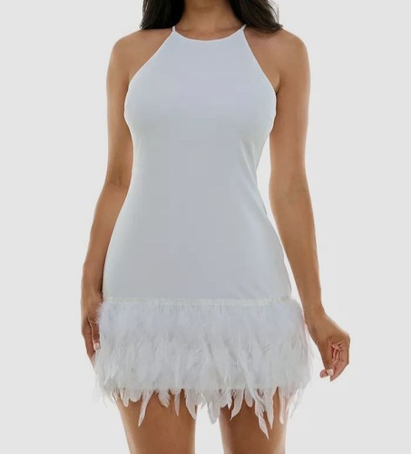 OFF WHITE Abito donna junior taglia 3 4 B. Darlin bianco sporco bordo piuma A Line Halter