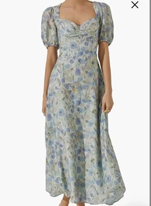 ASTR Puff Sleeve Green Blue Floral Sweetheart Cottagecore Midi Dress Size XL - Picture 1 of 8