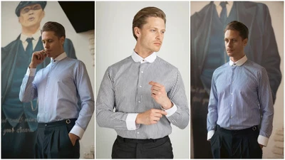 NUEVO CON ETIQUETAS Jack Martin London - Camisas de vestir de manga larga con cuello club a rayas para hombre M Foto 1 de 4