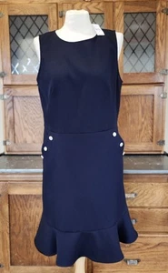 Loft Sheath Dress Women 12 Navy Flare Sleeveless Pearl Button Flounce Hem Career - Picture 1 of 19