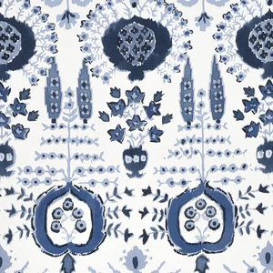 Thibaut Watercolor Ikat Floral Print Fabric- Mendoza Suzani / Blue White 3.25 yd - Picture 1 of 4