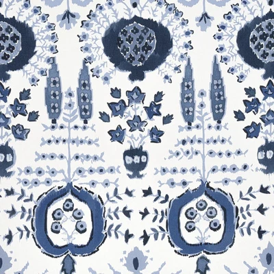 Thibaut Watercolor Ikat Floral Print Fabric- Mendoza Suzani / Blue White 3.25 yd - Image 1 of 4