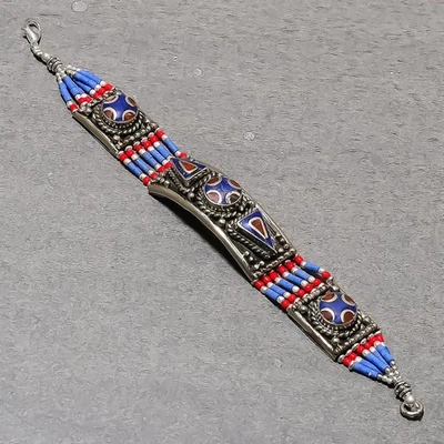 Brazalete Joyería Nepalí Diseño Étnico Hecho a Mano Coral Rojo Lapislázuli 7" SR 3371 Foto 1 de 4