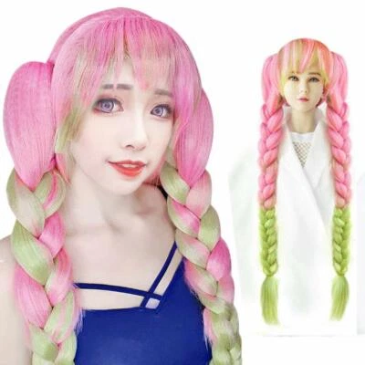 ANOGOL Wig Cap+Long Straight Wigs with Ponytails Green Pink Wig Cosplay for Anim - Image 1 of 4