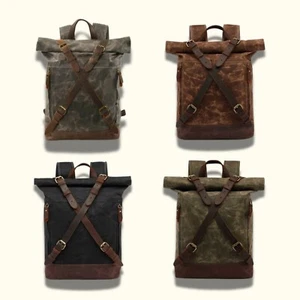 Waxed Canvas Leather Backpack Travel Hiking Rucksack Camping School Book Bag - Picture 1 of 29