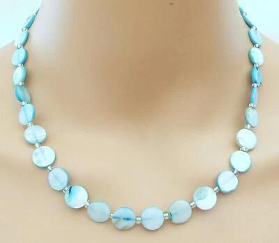 Halskette Kette Collier  Muschel Perlmutt  Scheibe Ø10 pastell türkis 405q - Bild 1 von 4